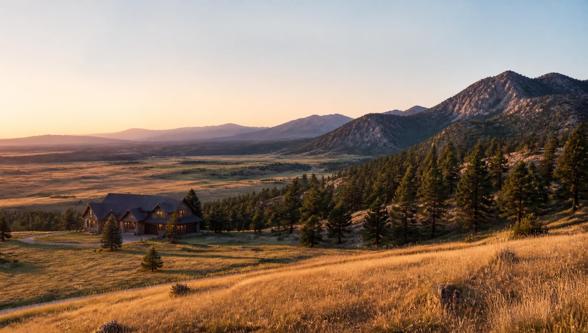 Foothills and ranch property near Sedalia, Colorado at golden hour
